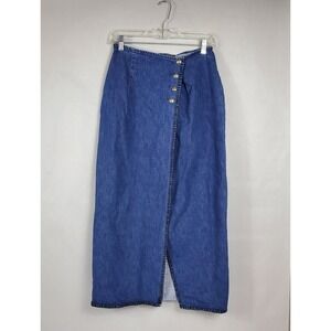 Ralph Lauren Country Vintage Denim Maxi Skirt Blue Blanket Stitch Wrap Front 8